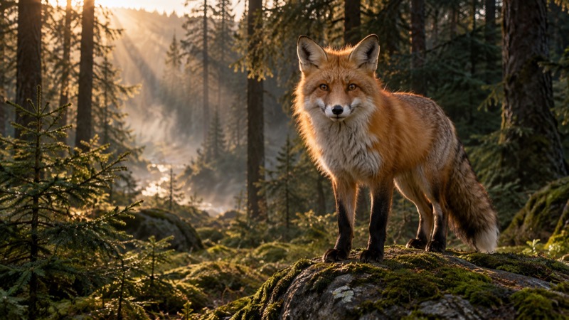 Red fox standing on a mossy rock in a sunlit forest