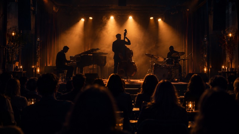 Jazz trio performing on a small stage under warm spotlights in front of an audience