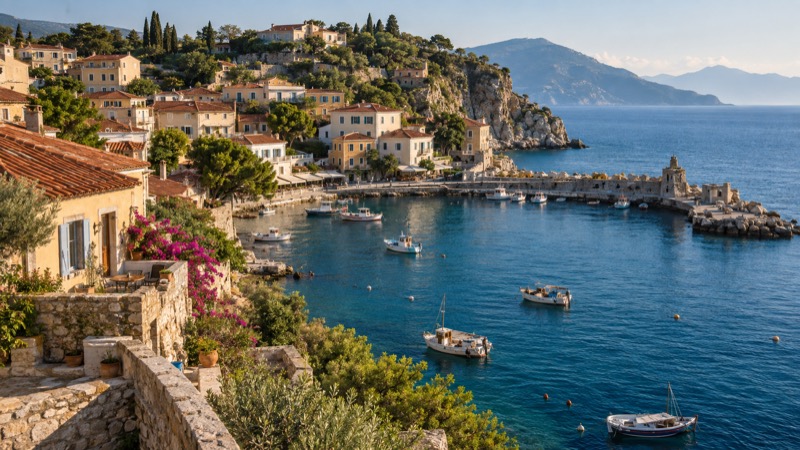 Mediterranean harbour village with fishing boats and terracotta rooftops