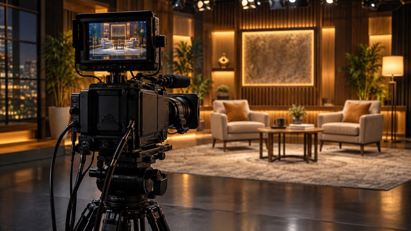 Television studio camera in front of an interview set with warm lighting
