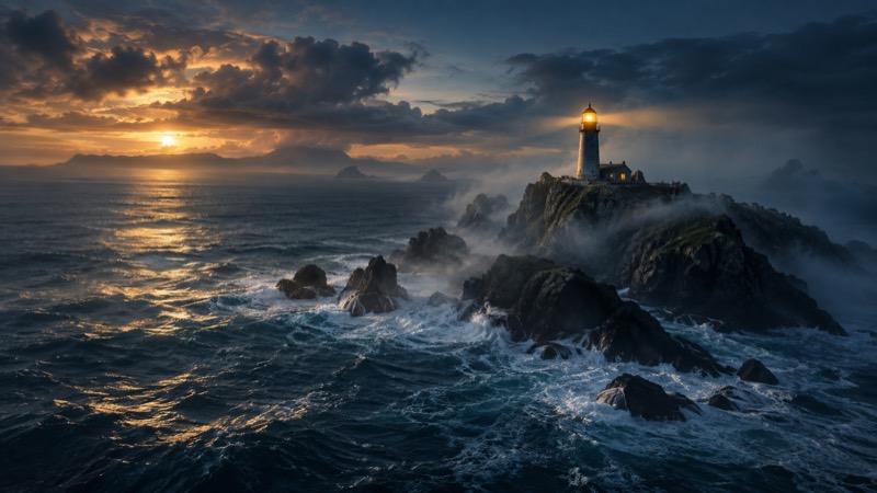 Lighthouse on a rocky coastline at dusk with dramatic clouds