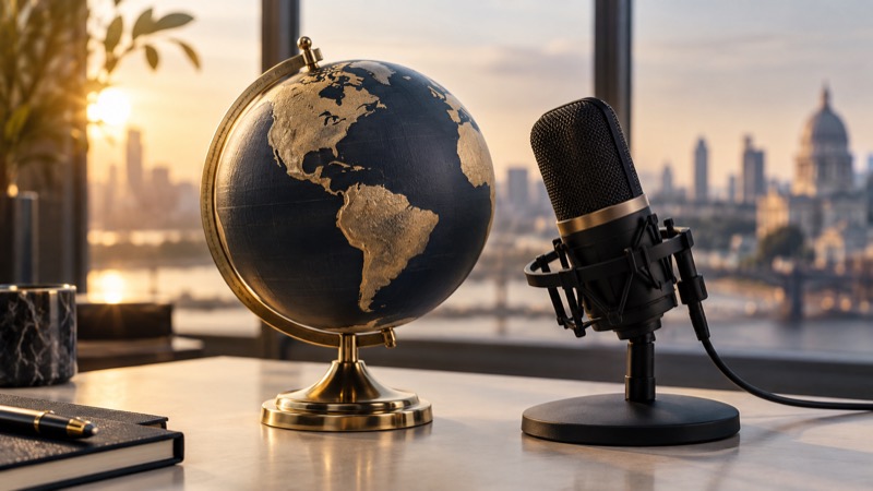 Desk globe and broadcast microphone in front of a city skyline
