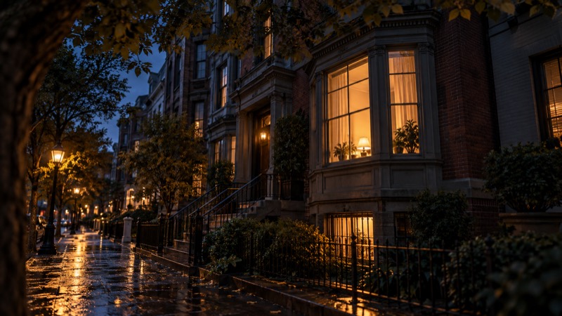Rain-soaked city street at dusk with warmly lit townhouse windows