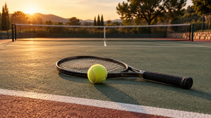 Tennis racket and ball on an outdoor court at sunset