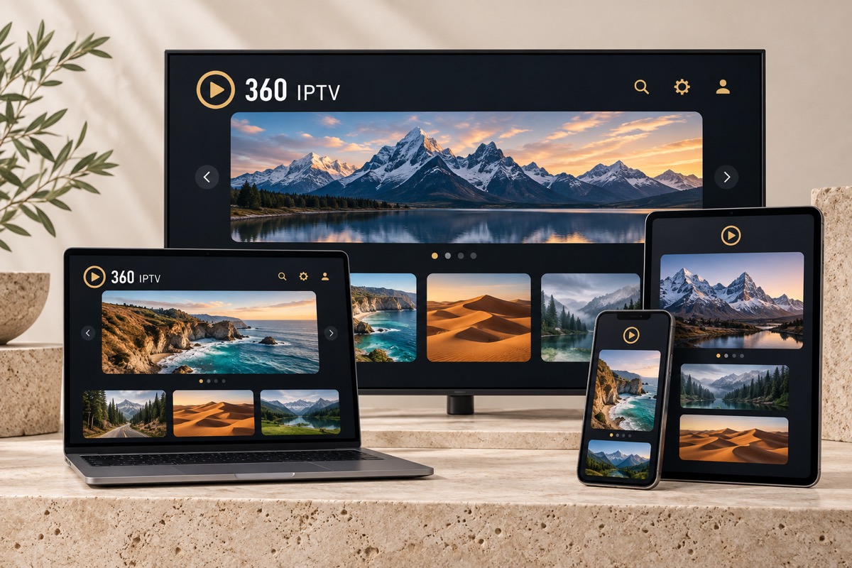 Television, laptop, tablet and phone displaying the 360 IPTV interface side by side