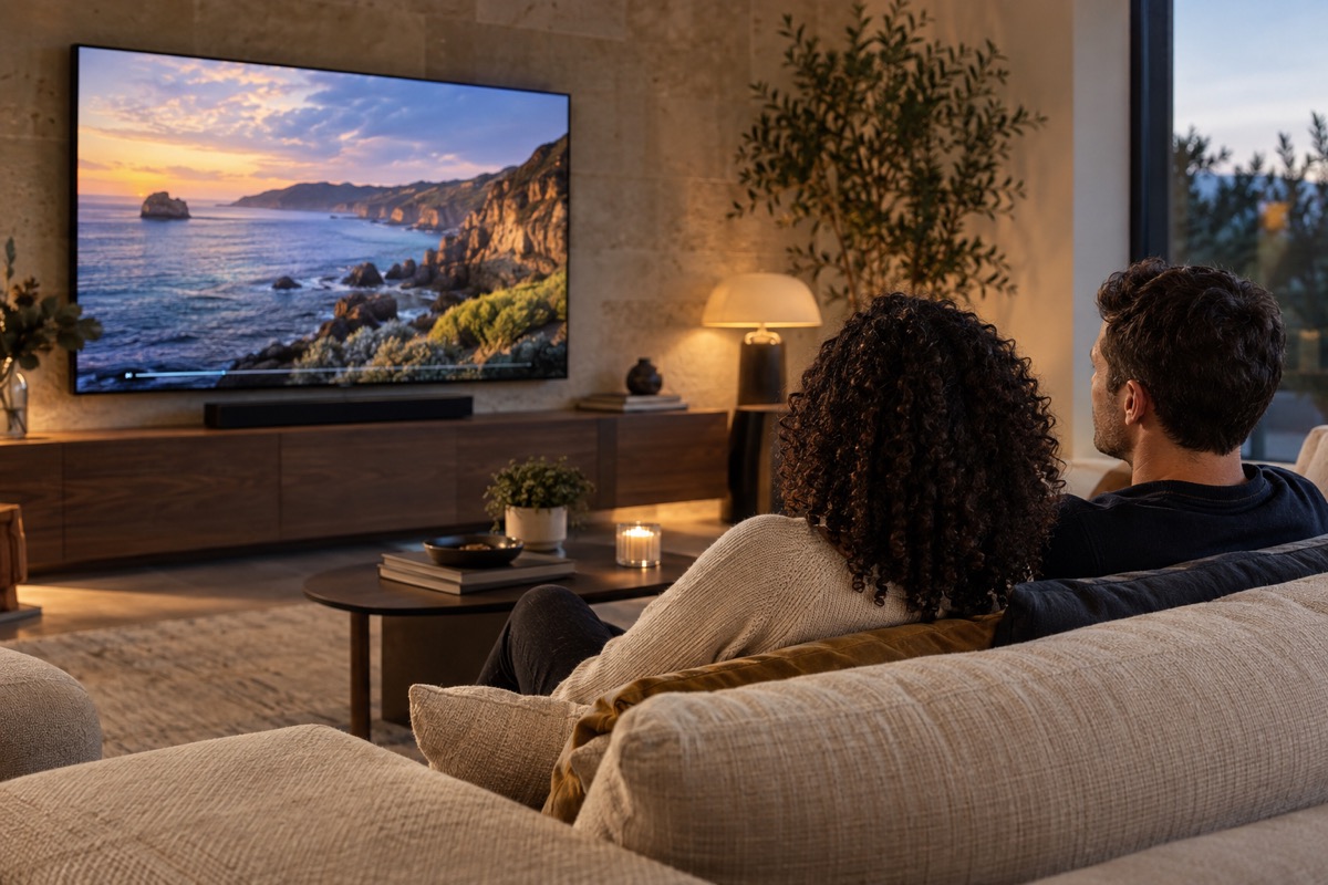 Two people watching television together in a warmly lit living room