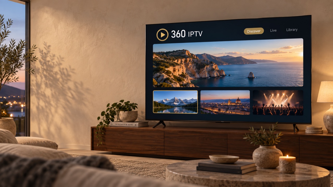 Large television showing a coastal scene in a warmly lit living room