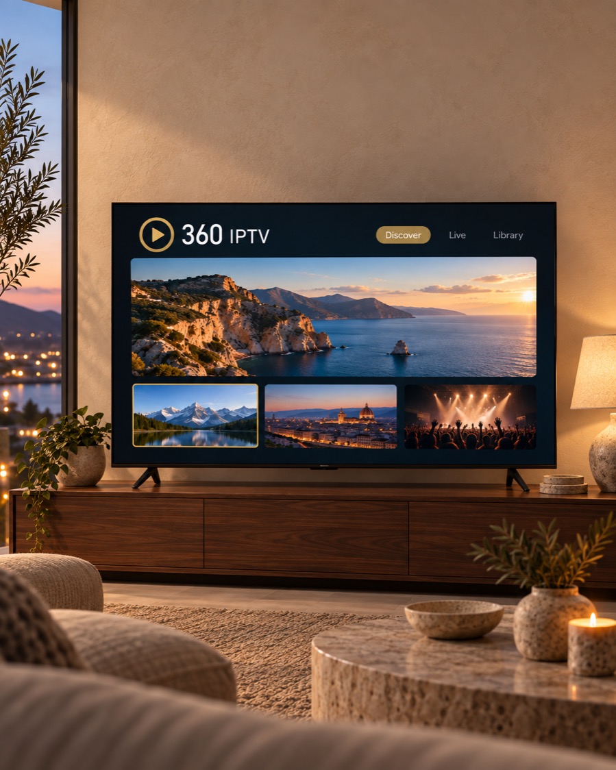 Large television in a contemporary living room at dusk showing the 360 IPTV streaming interface