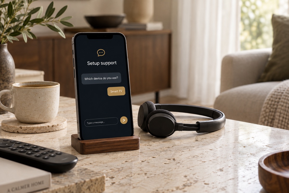 Phone on a wooden stand showing a setup-support chat, next to headphones and a remote